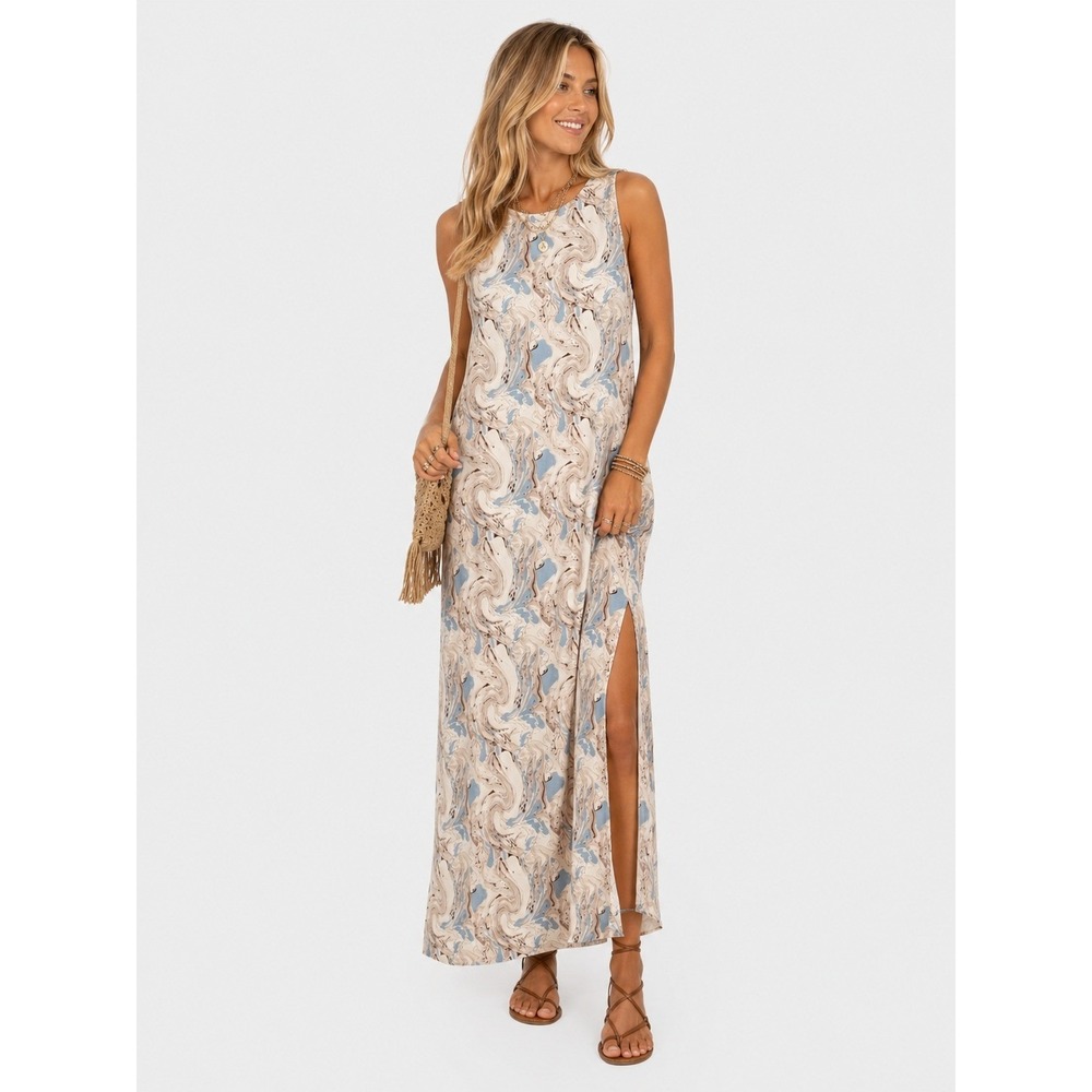 Joie Blue Cream Marble Swirl Sleeveless Summer Maxi Dress Side Slits L